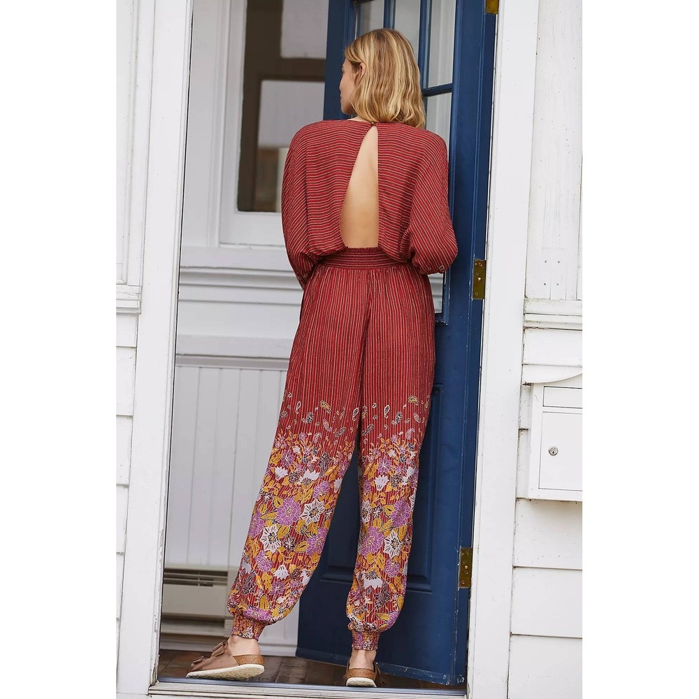 Anthropologie Breezy Open Back Jumpsuit Sz S Striped Floral Boho‎ Wide Leg